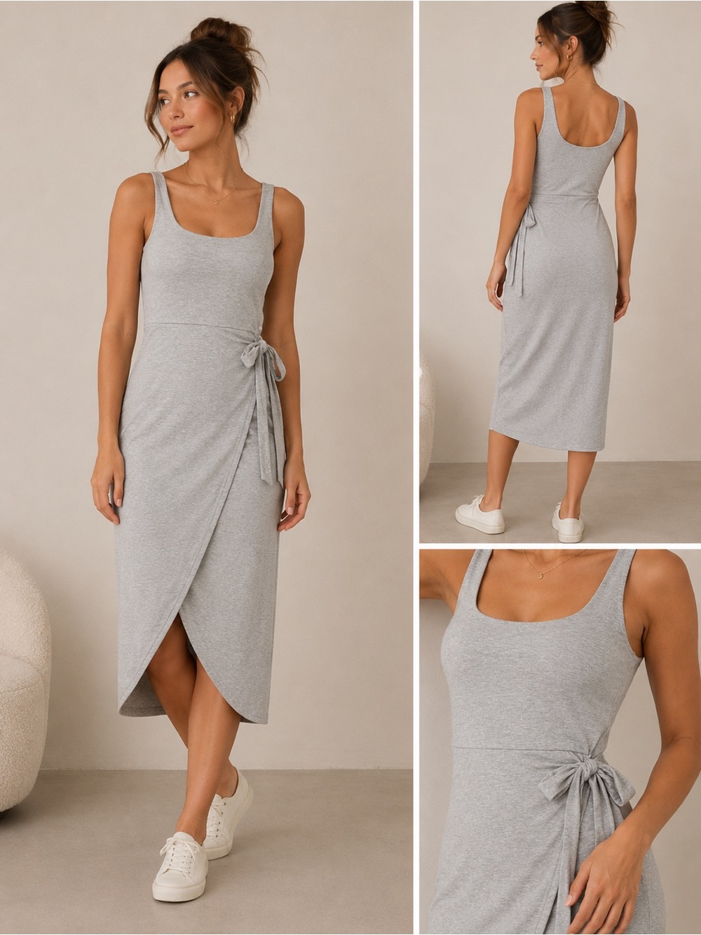See You Monday Light Gray Sleeveless Wrap-Style Midi Dress with Side Tie